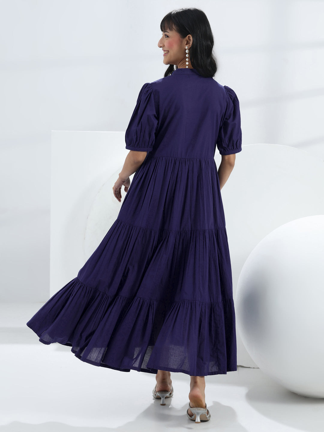  Navy Blue Solid Cotton One-Piece Tiered Dress 