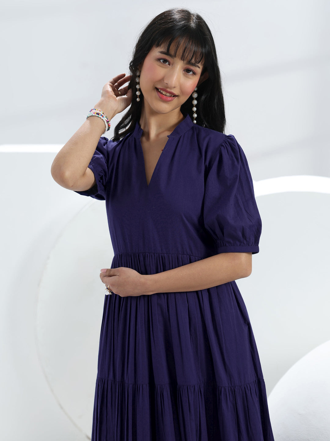  Navy Blue Solid Cotton One-Piece Tiered Dress 