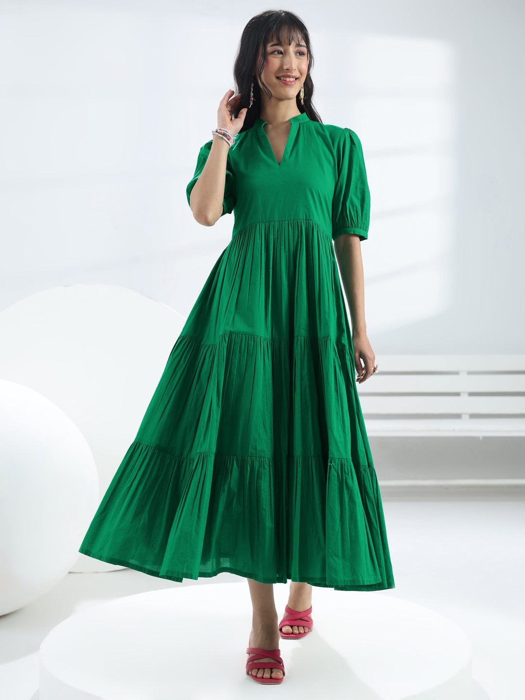  Green Solid Cotton One-Piece Tiered Dress 
