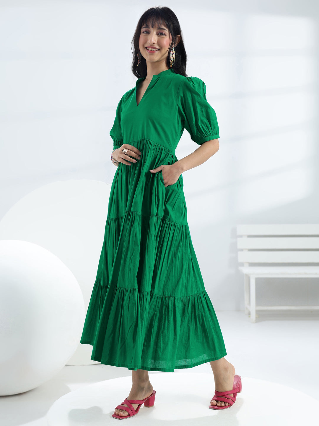  Green Solid Cotton One-Piece Tiered Dress 