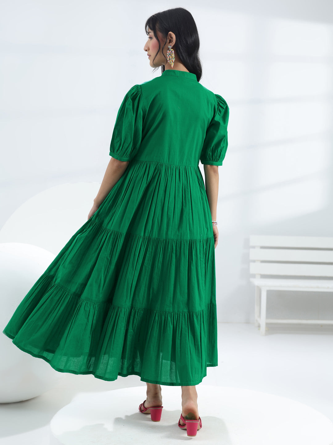  Green Solid Cotton One-Piece Tiered Dress 
