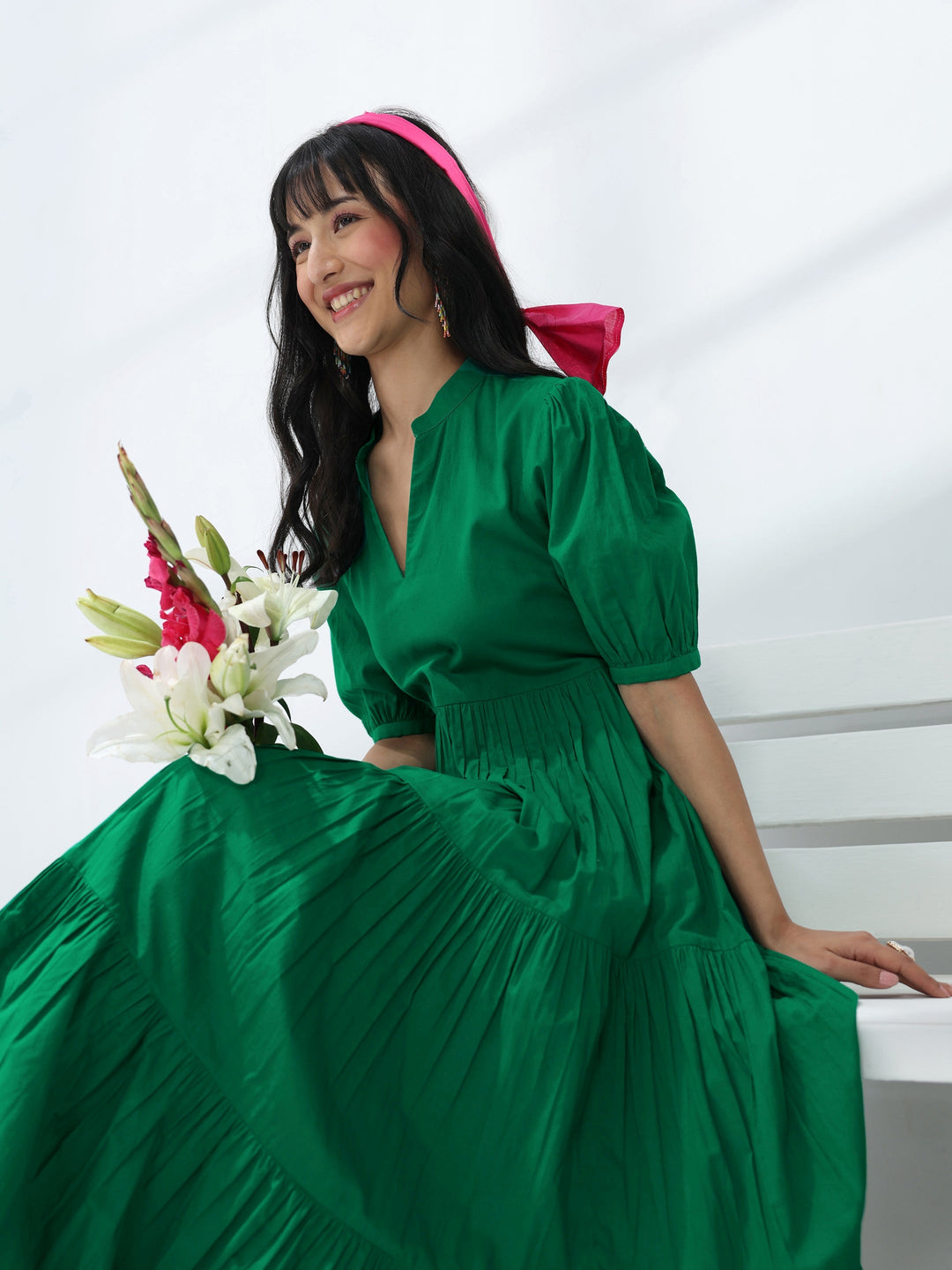  Green Solid Cotton One-Piece Tiered Dress 