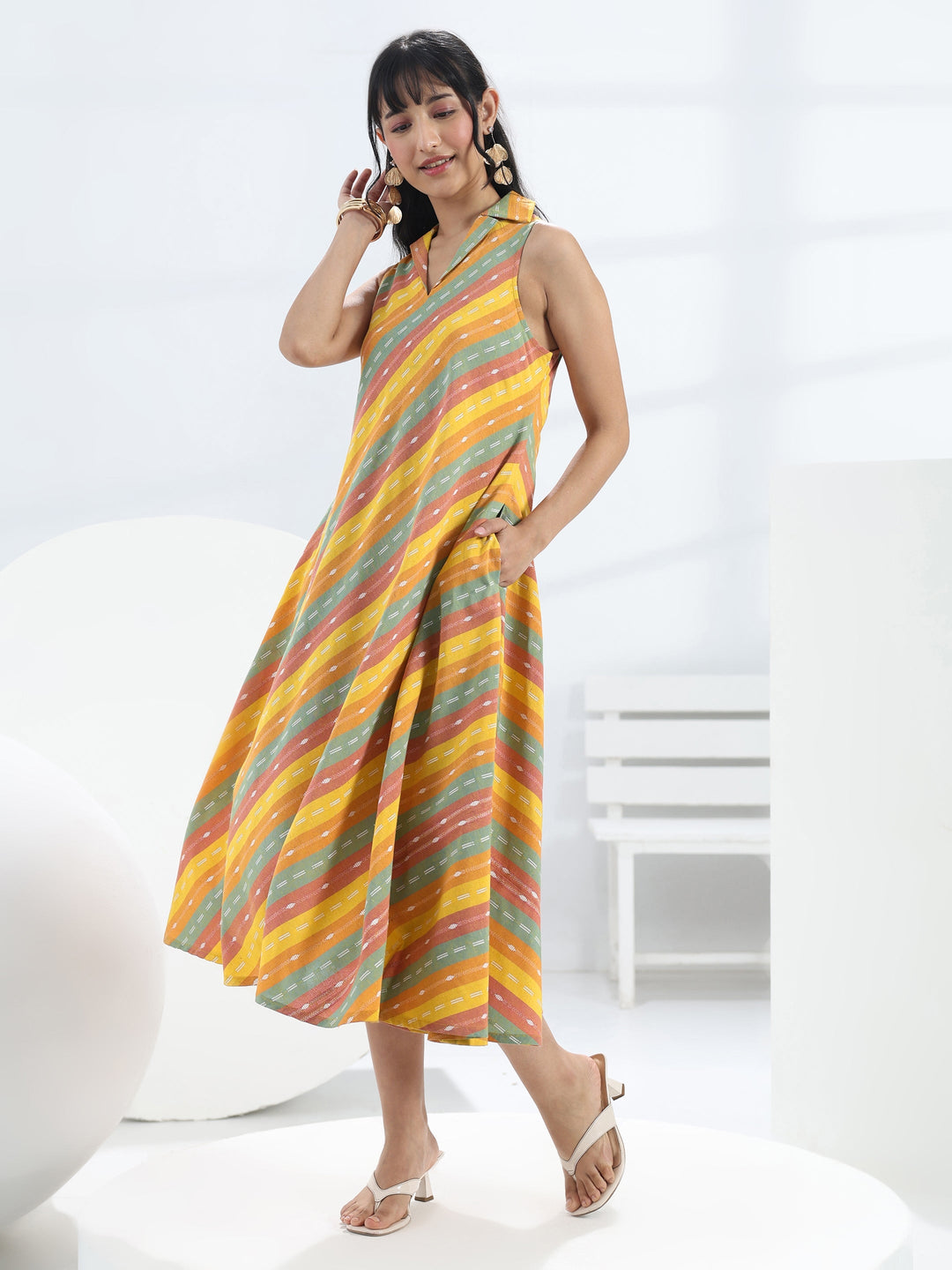  Multi-Colour Woven Design A-Line Cotton Blend One-Piece Collar Dress 