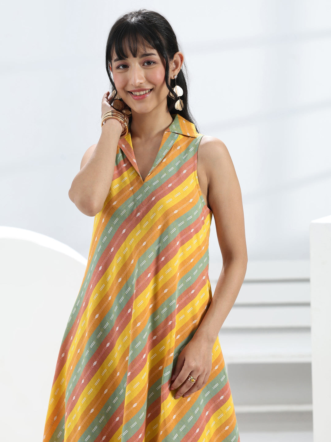  Multi-Colour Woven Design A-Line Cotton Blend One-Piece Collar Dress 