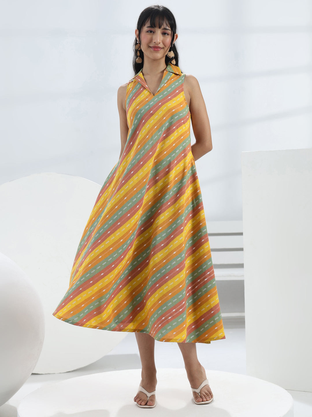  Multi-Colour Woven Design A-Line Cotton Blend One-Piece Collar Dress 