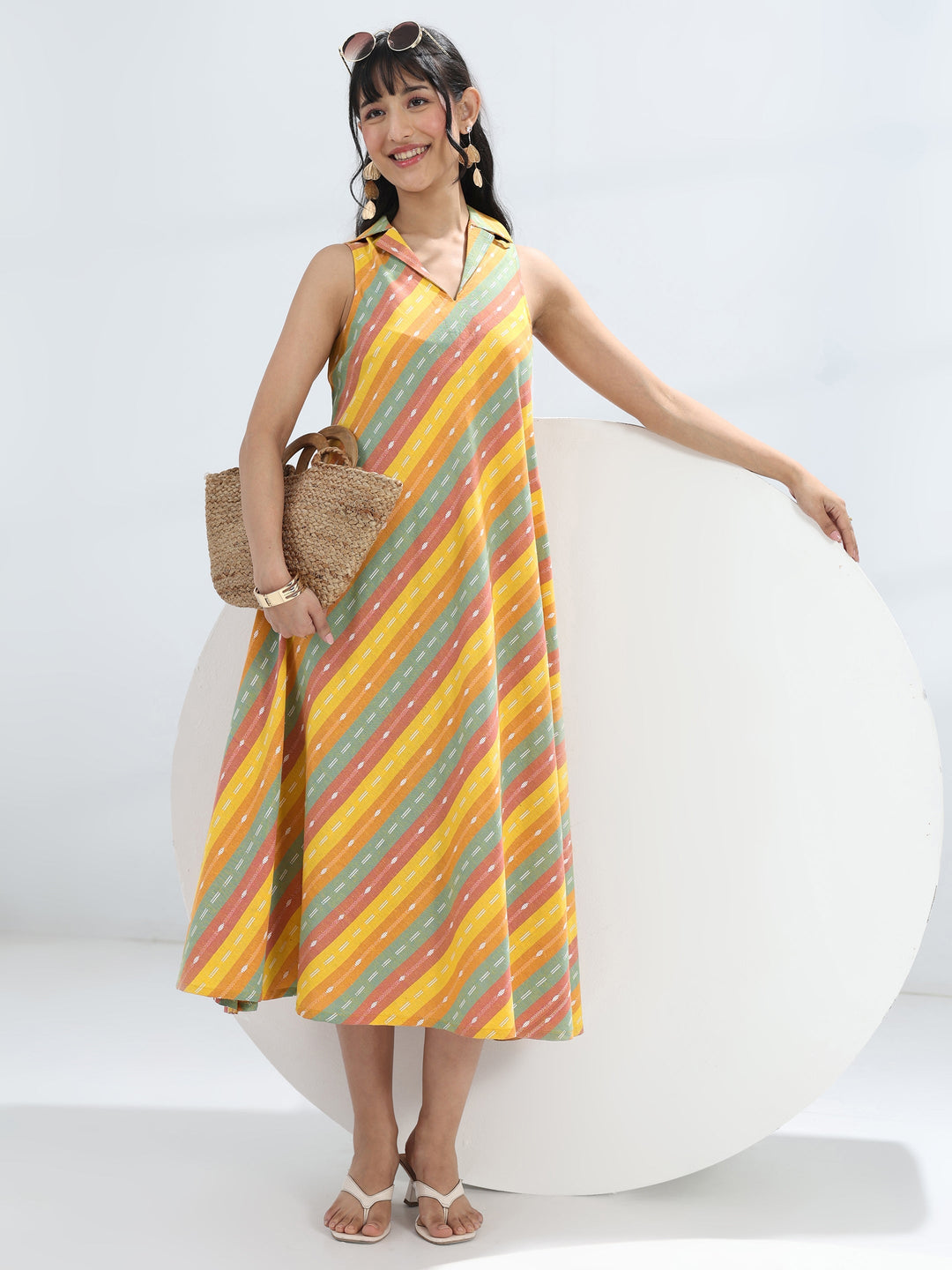  Multi-Colour Woven Design A-Line Cotton Blend One-Piece Collar Dress 