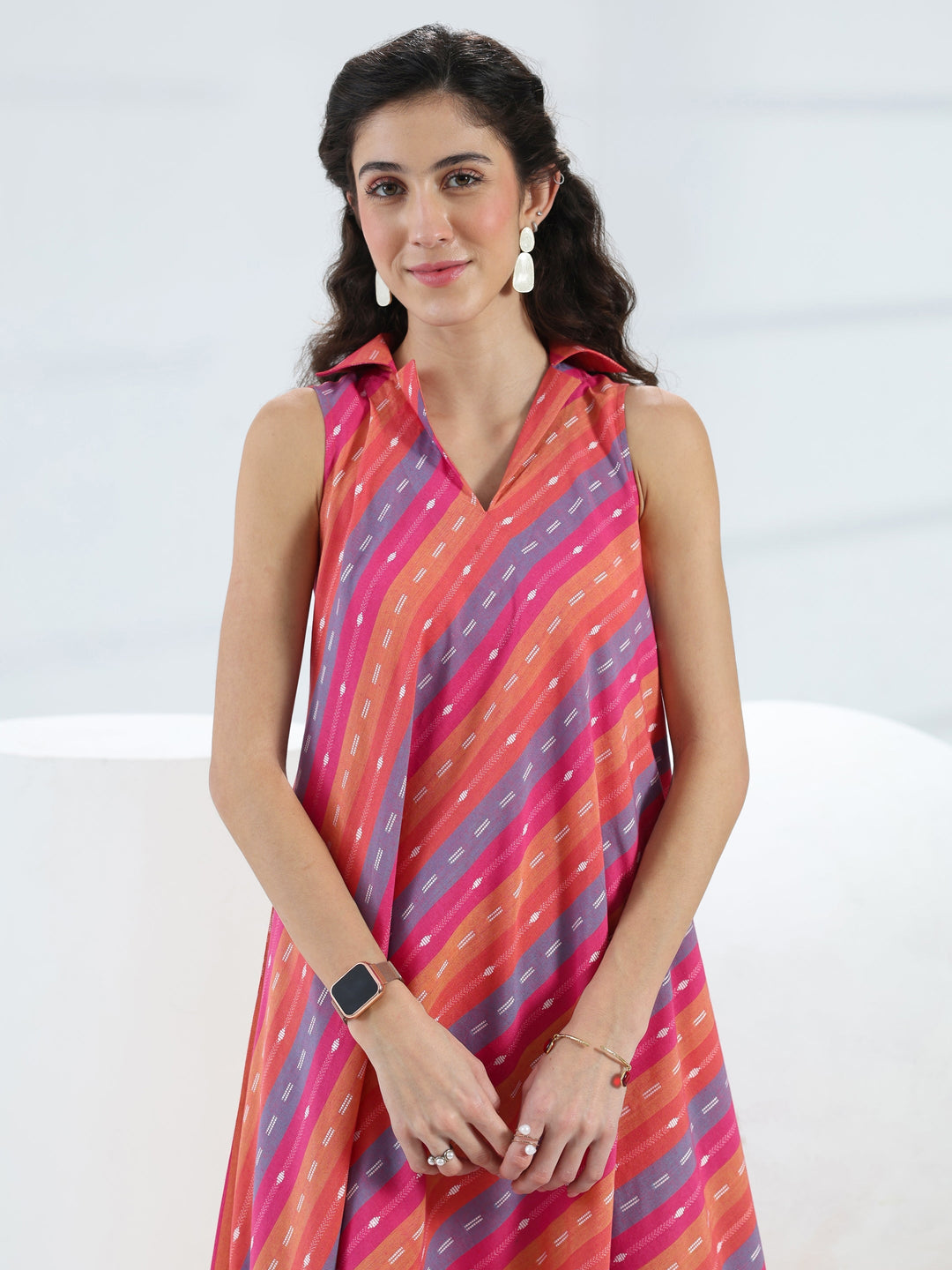  Multi-Coloured Woven Design Cotton Blend A-Line One-Piece Dress 