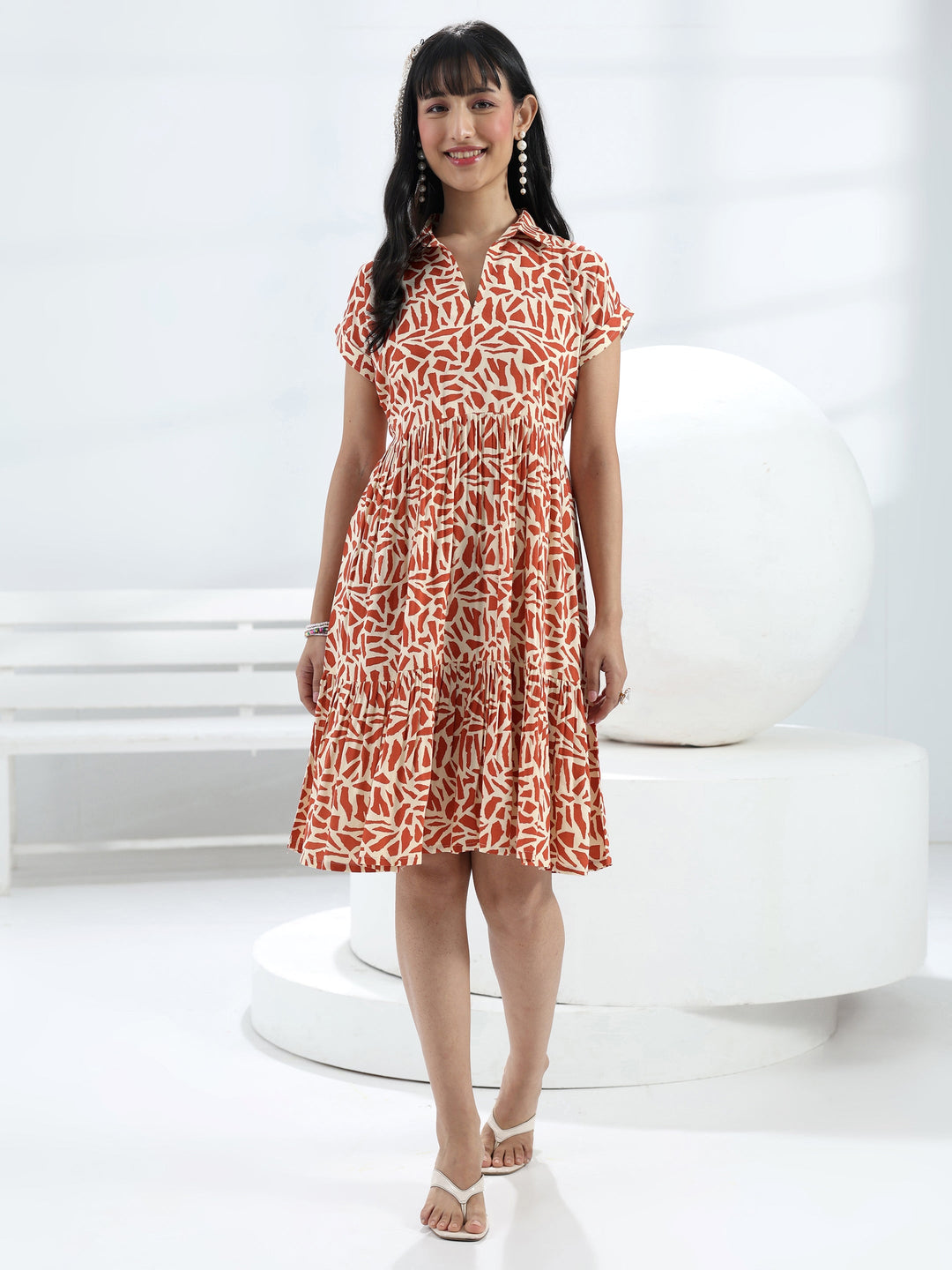  Rust Abstract Printed  Rayon One-Piece Dress 