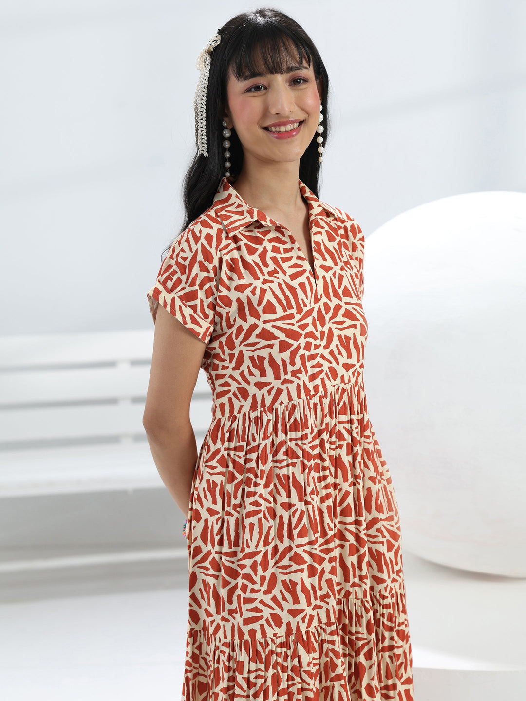  Rust Abstract Printed  Rayon One-Piece Dress 