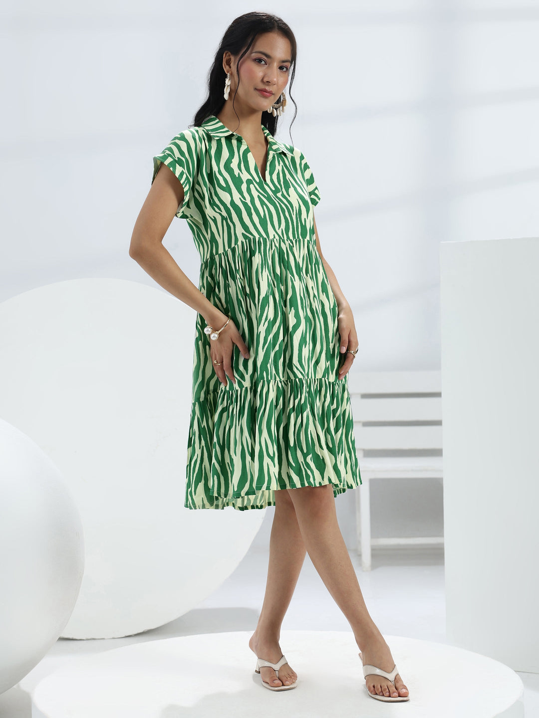  Green Abstract Printed Rayon One-Piece Dress 