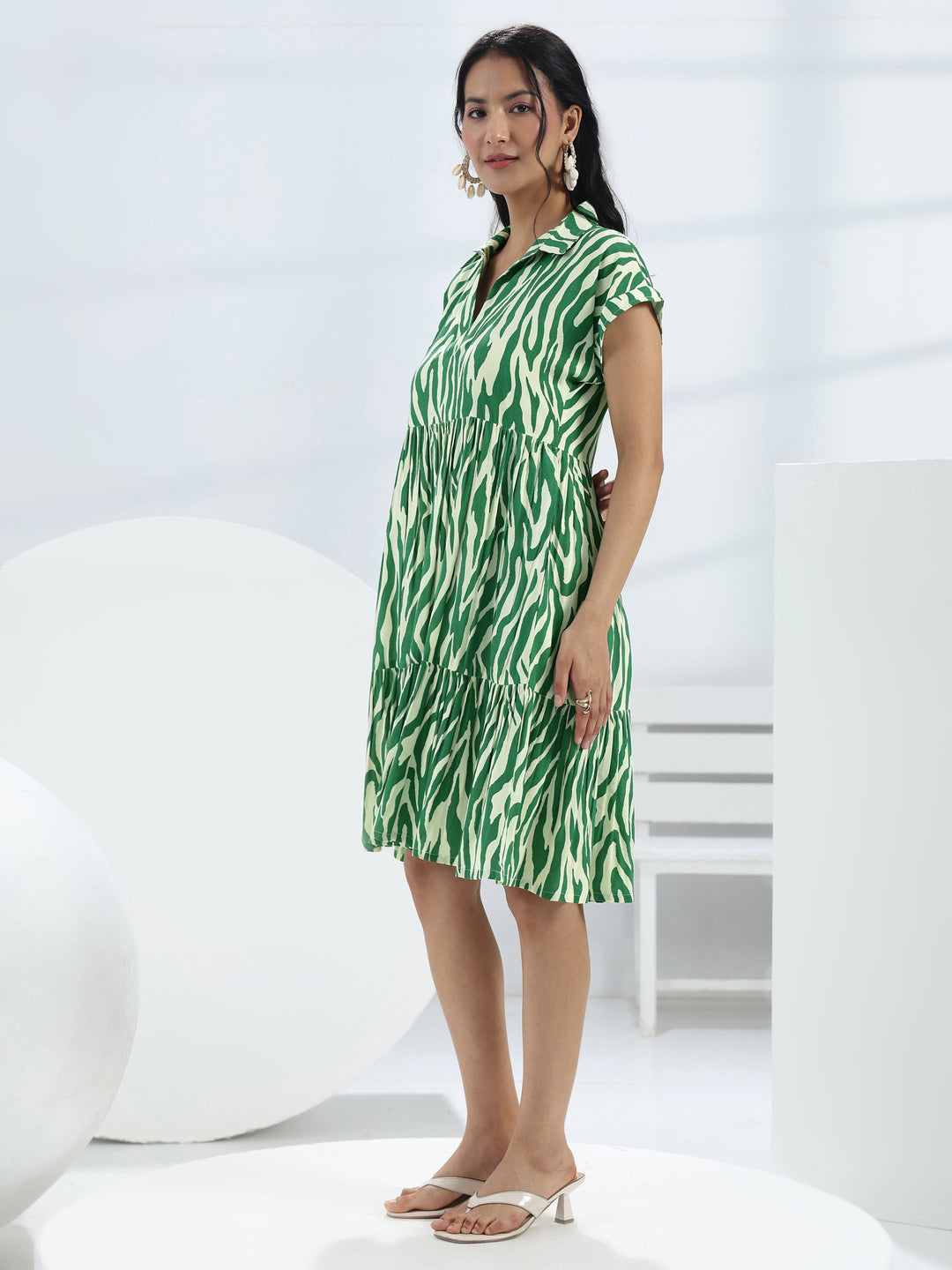  Green Abstract Printed Rayon One-Piece Dress 