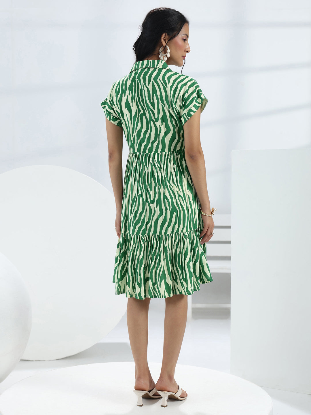  Green Abstract Printed Rayon One-Piece Dress 