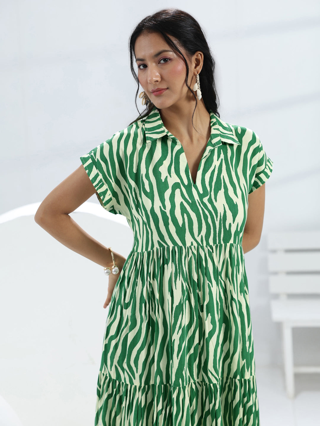  Green Abstract Printed Rayon One-Piece Dress 