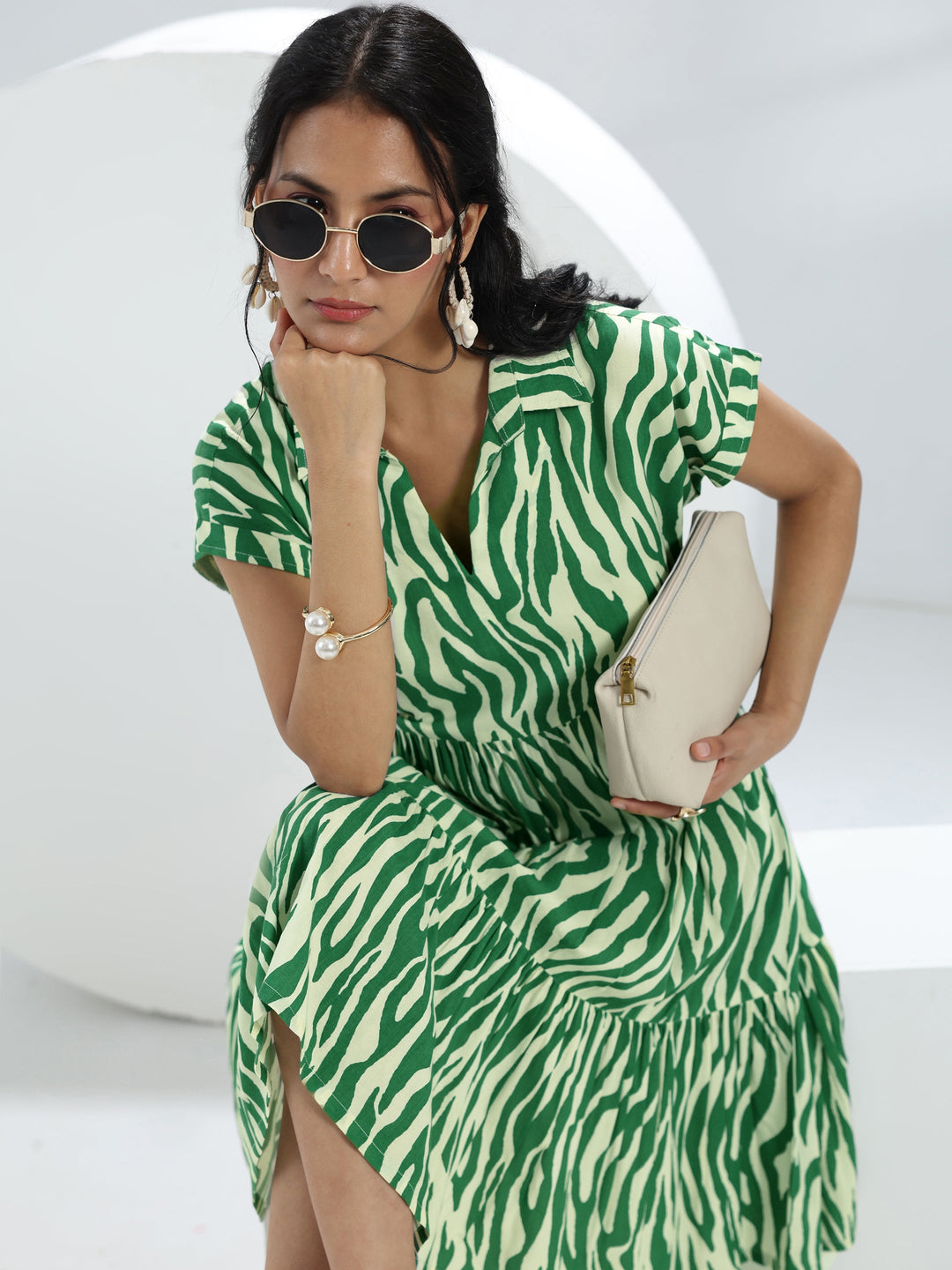  Green Abstract Printed Rayon One-Piece Dress 