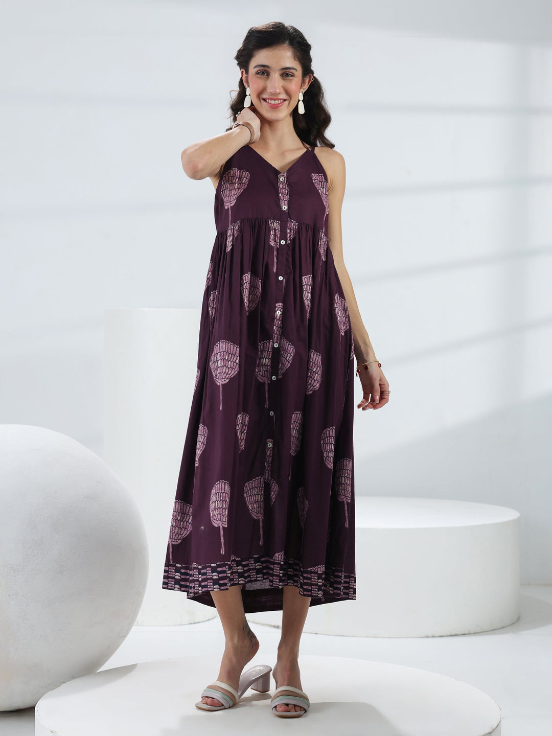  Burgundy Quirky Printed Cotton A-Line One-Piece Dress 