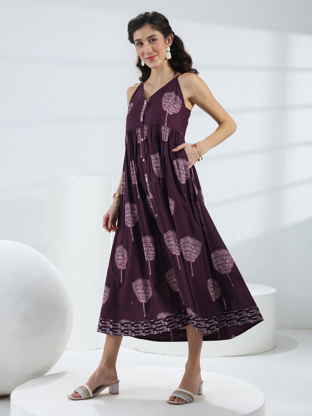  Burgundy Quirky Printed Cotton A-Line One-Piece Dress 