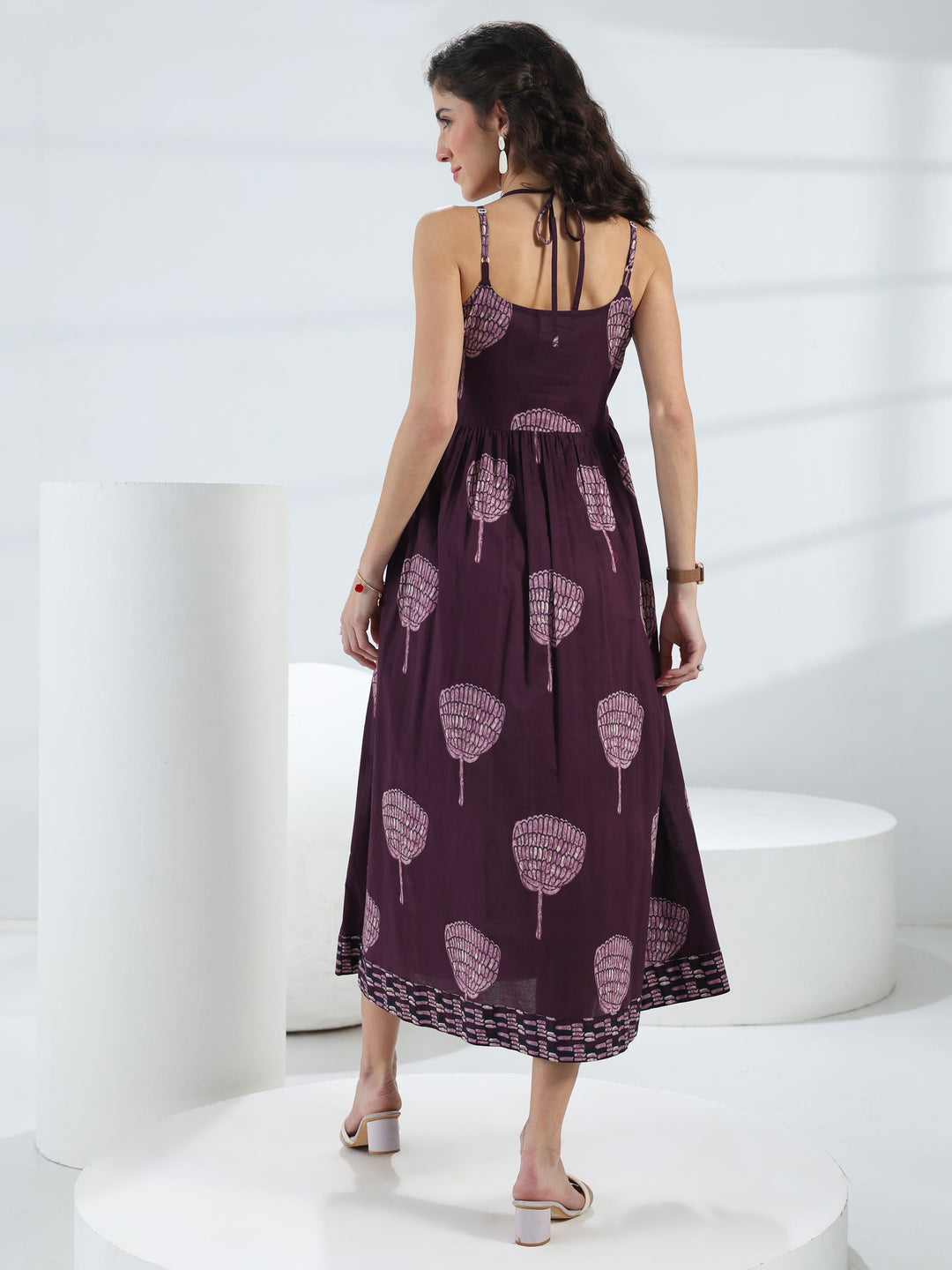  Burgundy Quirky Printed Cotton A-Line One-Piece Dress 