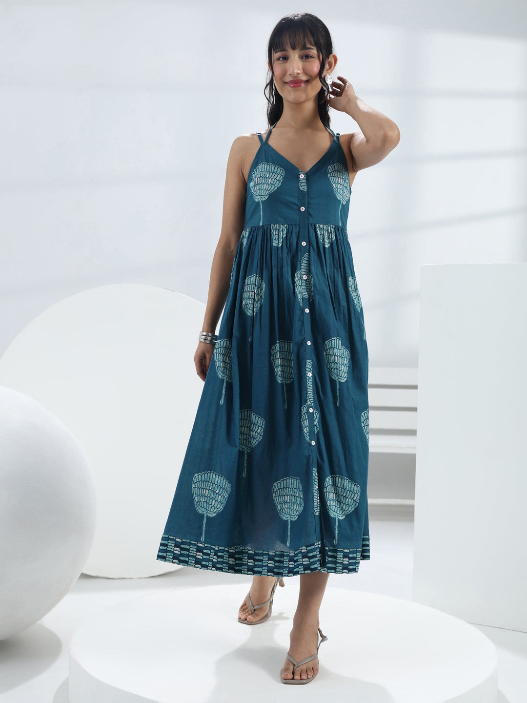  Blue Printed A-Line Cotton One-Piece Dress 