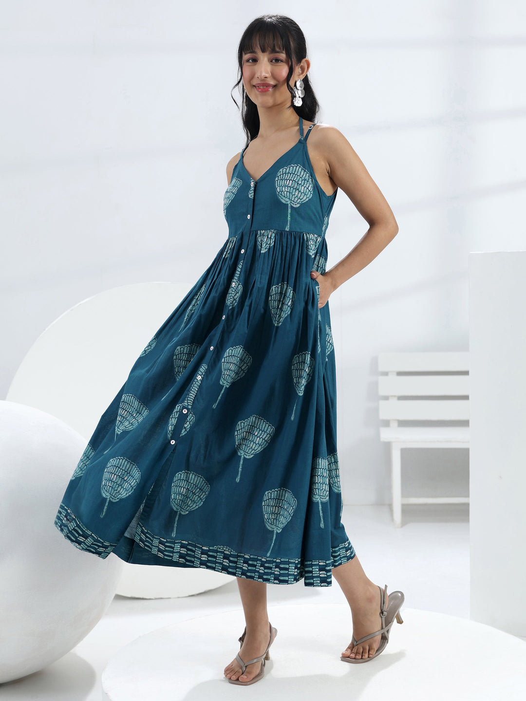  Blue Printed A-Line Cotton One-Piece Dress 