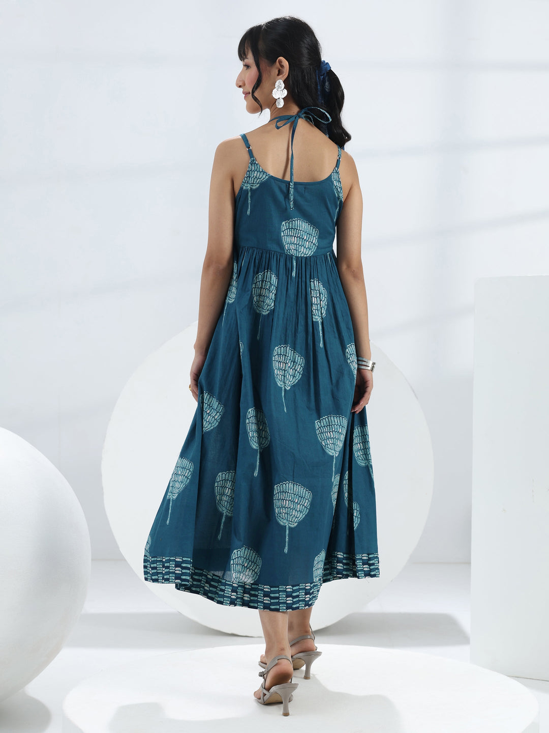  Blue Printed A-Line Cotton One-Piece Dress 