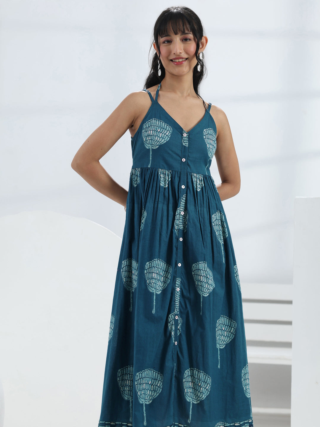  Blue Printed A-Line Cotton One-Piece Dress 