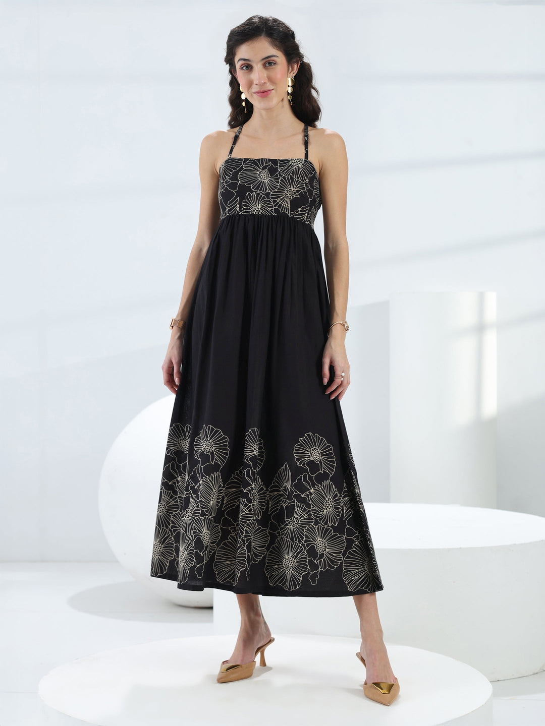  Black Floral Printed Cotton Fit-And-Flare One-Piece Dress 
