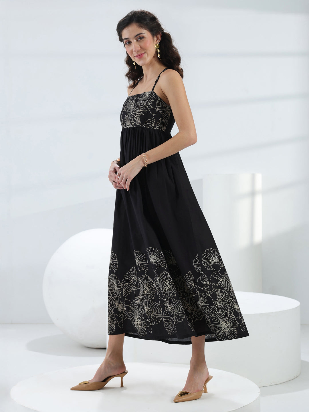  Black Floral Printed Cotton Fit-And-Flare One-Piece Dress 