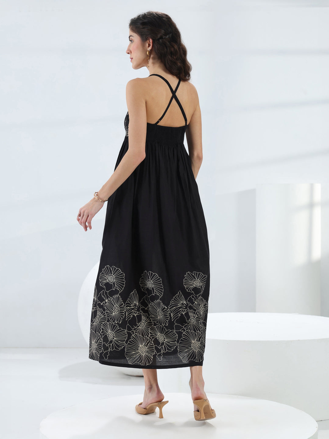  Black Floral Printed Cotton Fit-And-Flare One-Piece Dress 