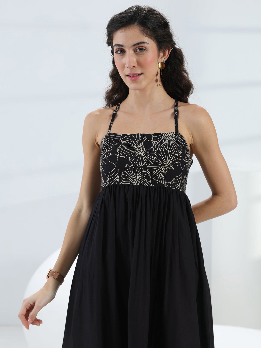  Black Floral Printed Cotton Fit-And-Flare One-Piece Dress 