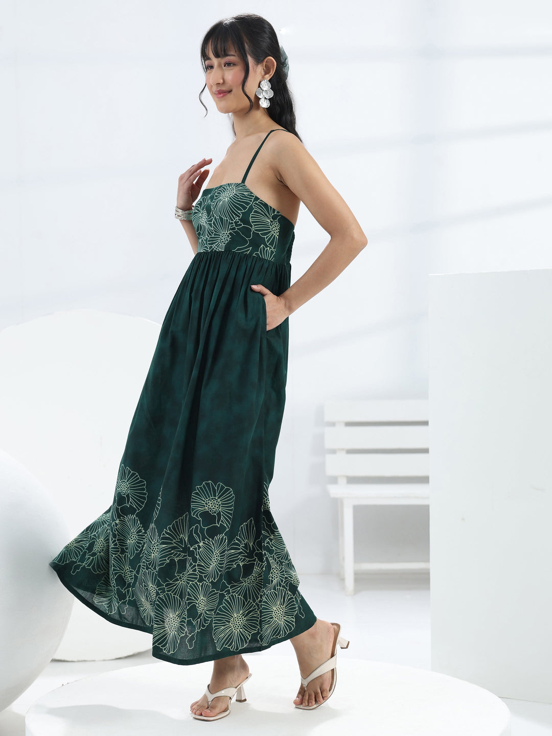  Green Floral Printed Cotton Fit And Flare One Piece Dress 