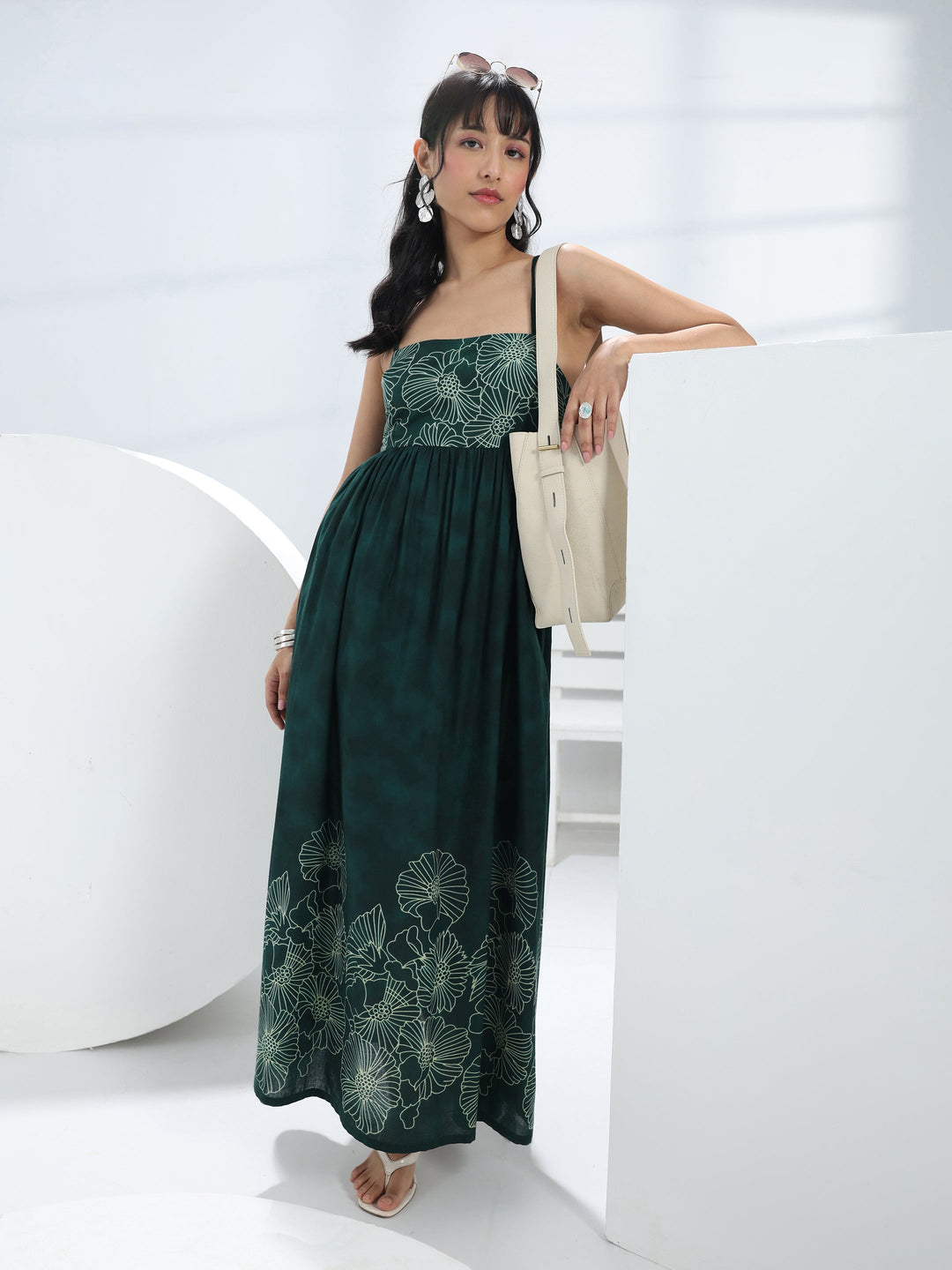  Green Floral Printed Cotton Fit And Flare One Piece Dress 