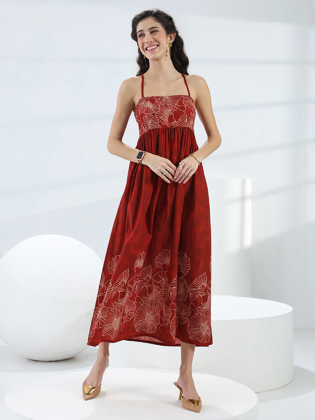  Rust Floral Printed Cotton Fit-And-Flare One-Piece Dress 