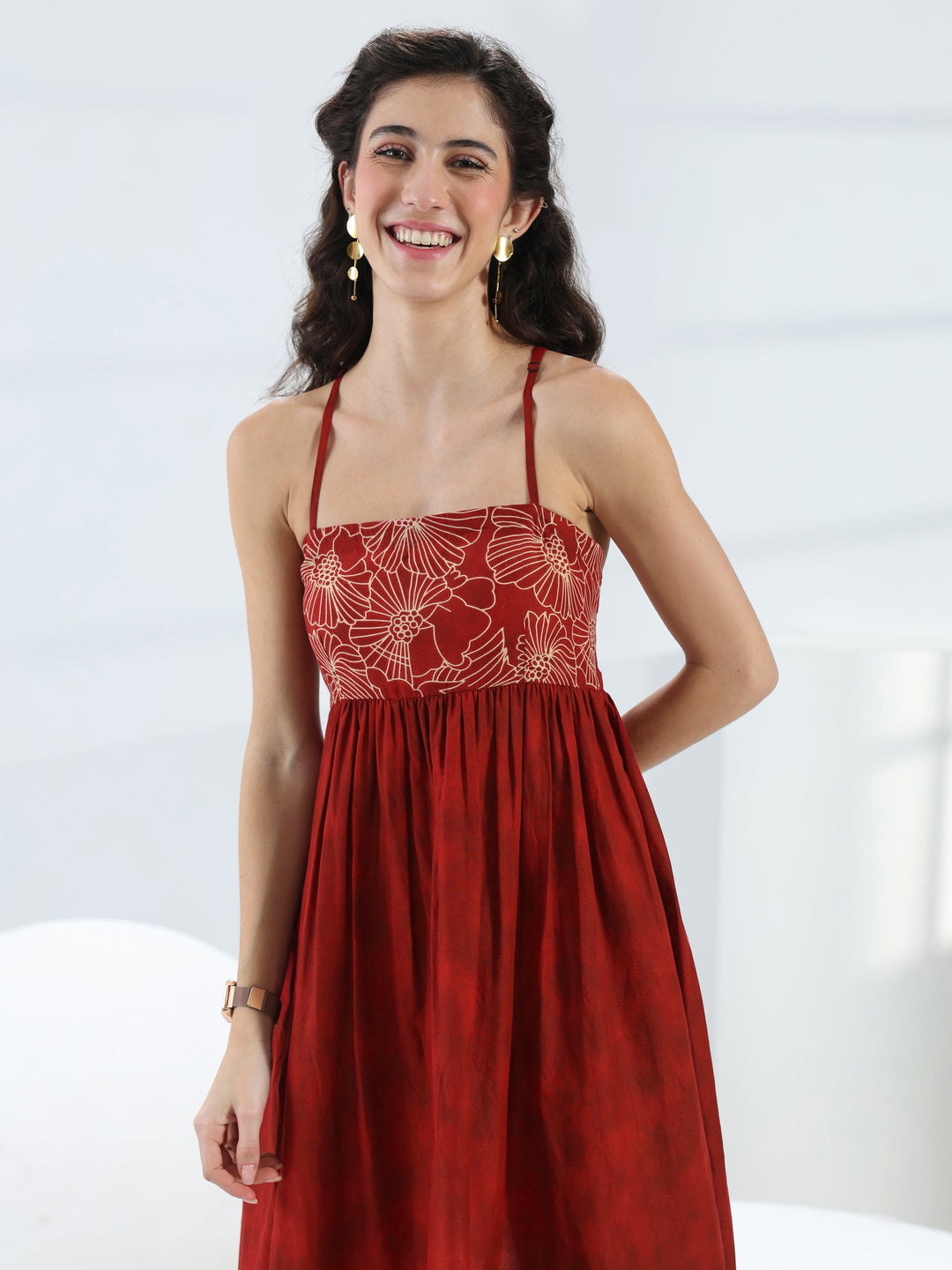  Rust Floral Printed Cotton Fit-And-Flare One-Piece Dress 