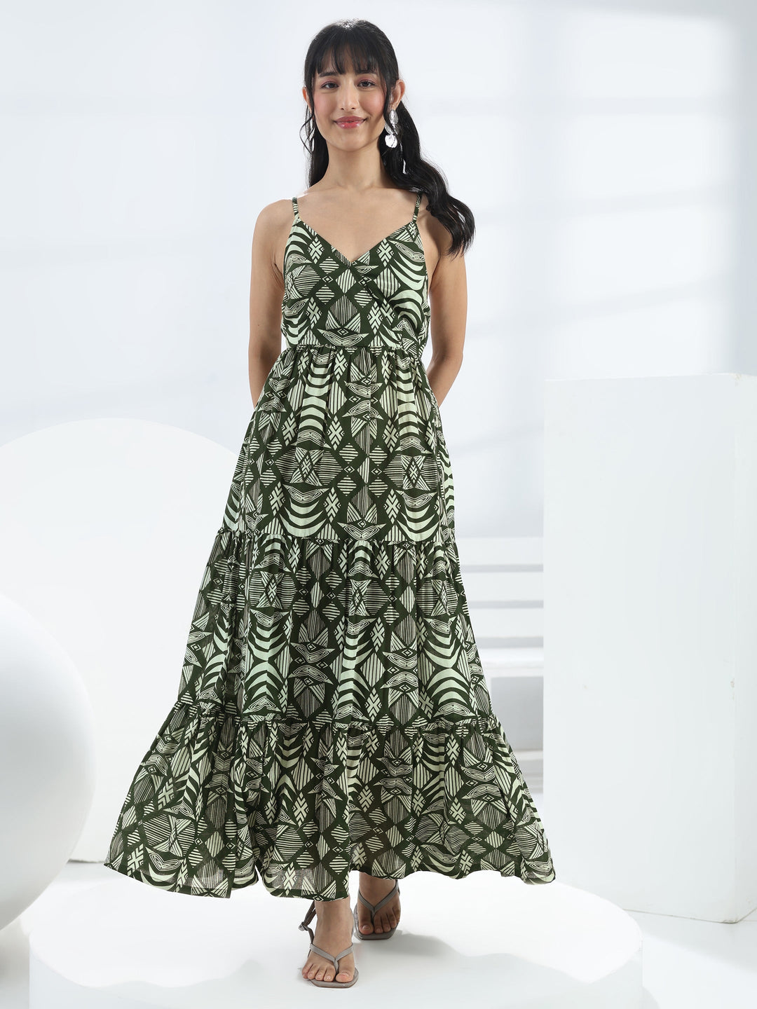  Green Abstract Printed Cotton One-Piece Tiered Dress 