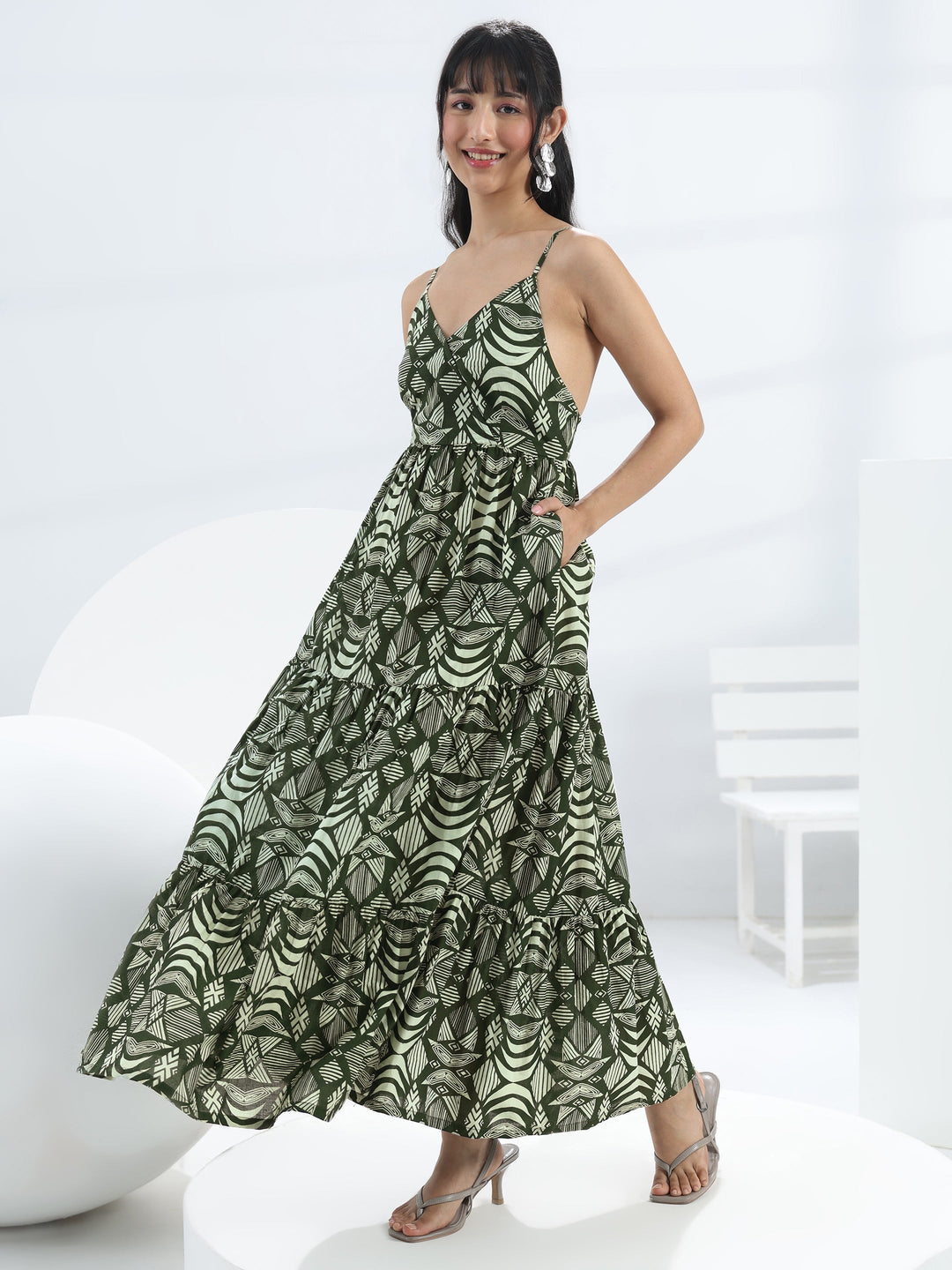  Green Abstract Printed Cotton One-Piece Tiered Dress 