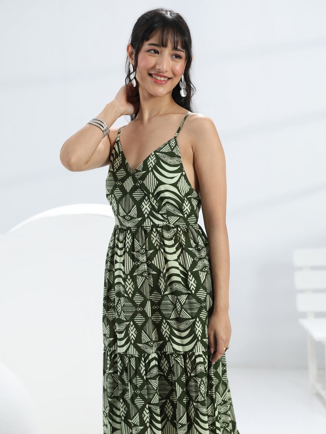  Green Abstract Printed Cotton One-Piece Tiered Dress 