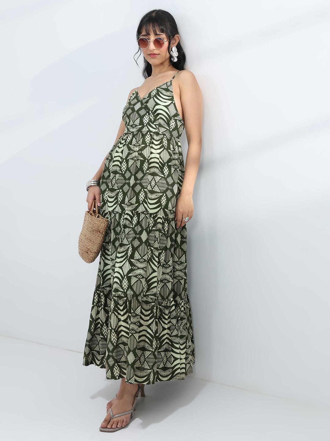  Green Abstract Printed Cotton One-Piece Tiered Dress 