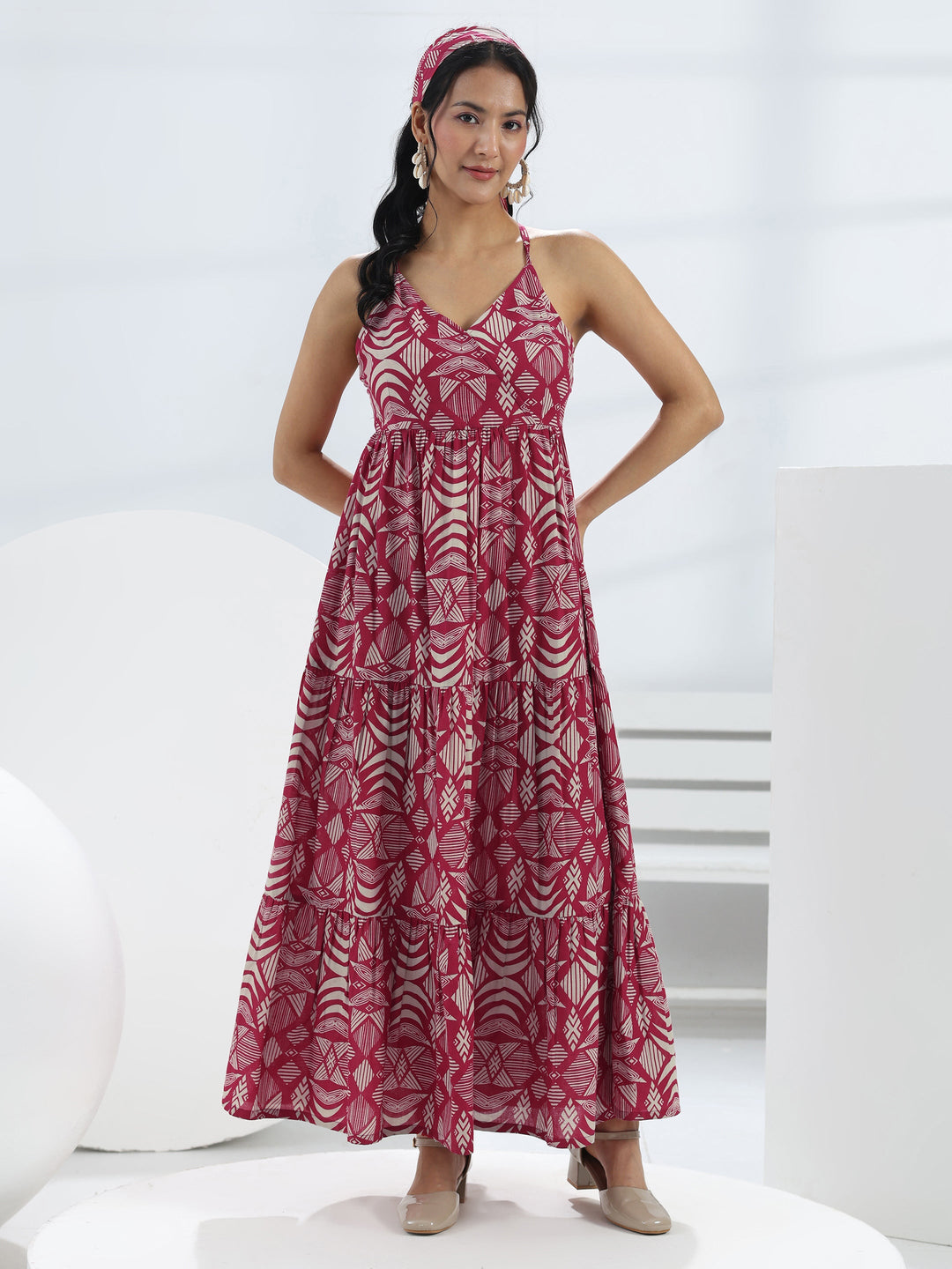  Pink Abstract Printed Cotton A-Line One-Piece Tiered Dress 