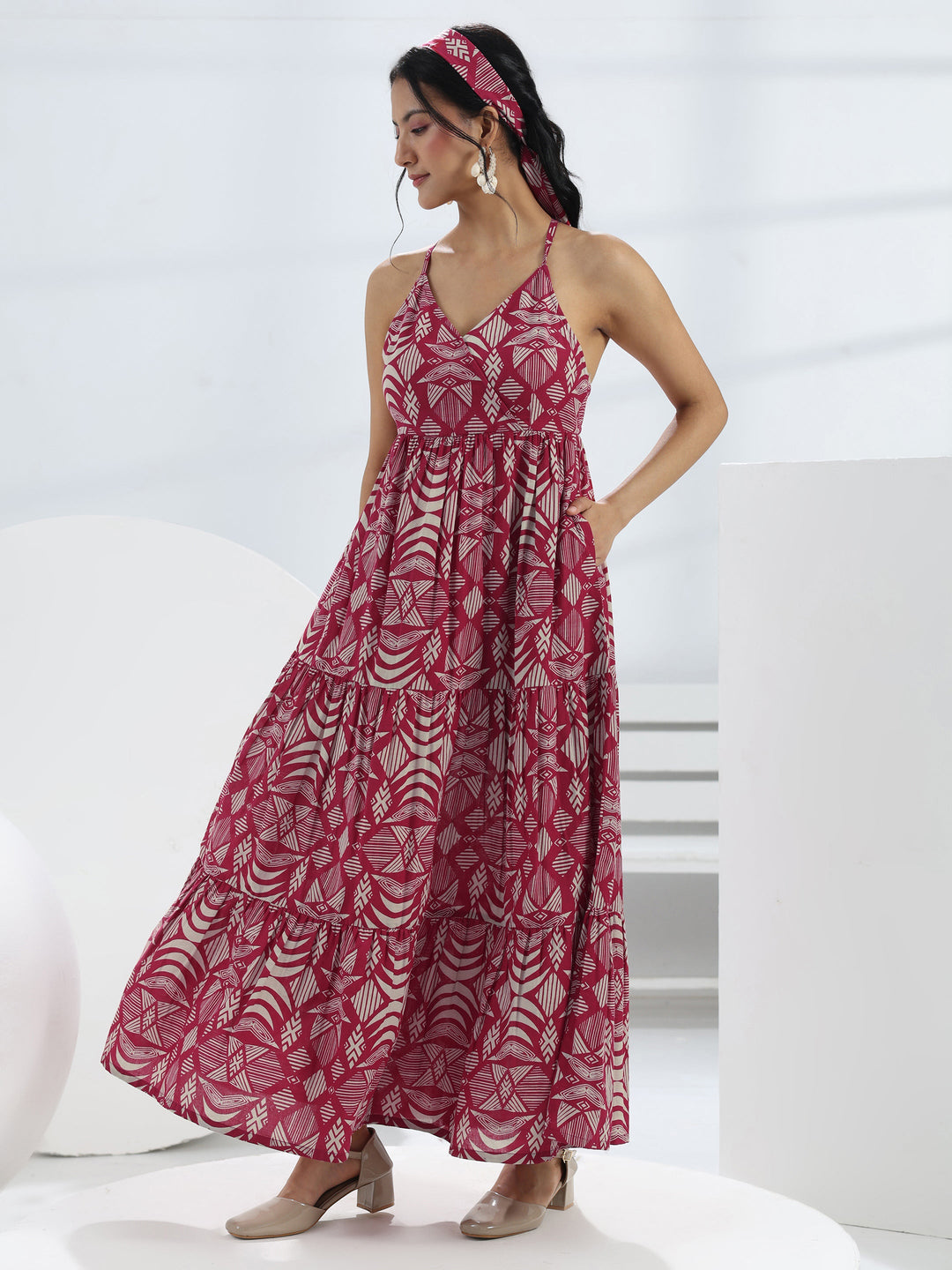  Pink Abstract Printed Cotton A-Line One-Piece Tiered Dress 