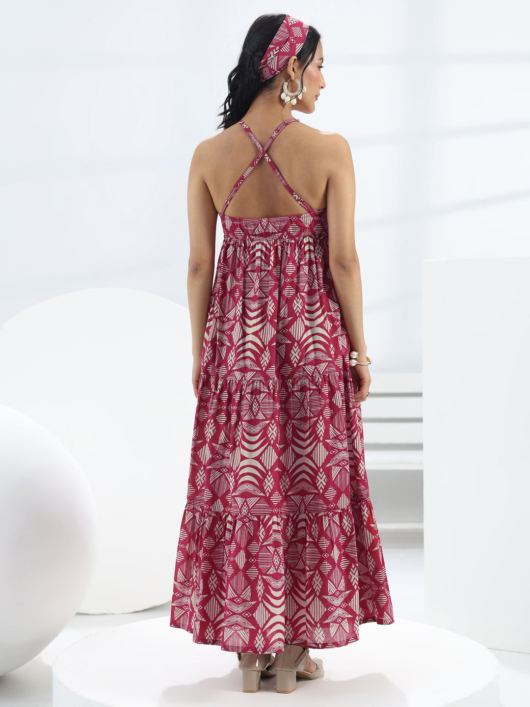  Pink Abstract Printed Cotton A-Line One-Piece Tiered Dress 