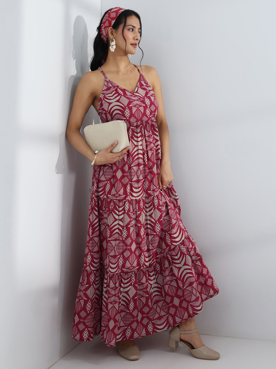  Pink Abstract Printed Cotton A-Line One-Piece Tiered Dress 