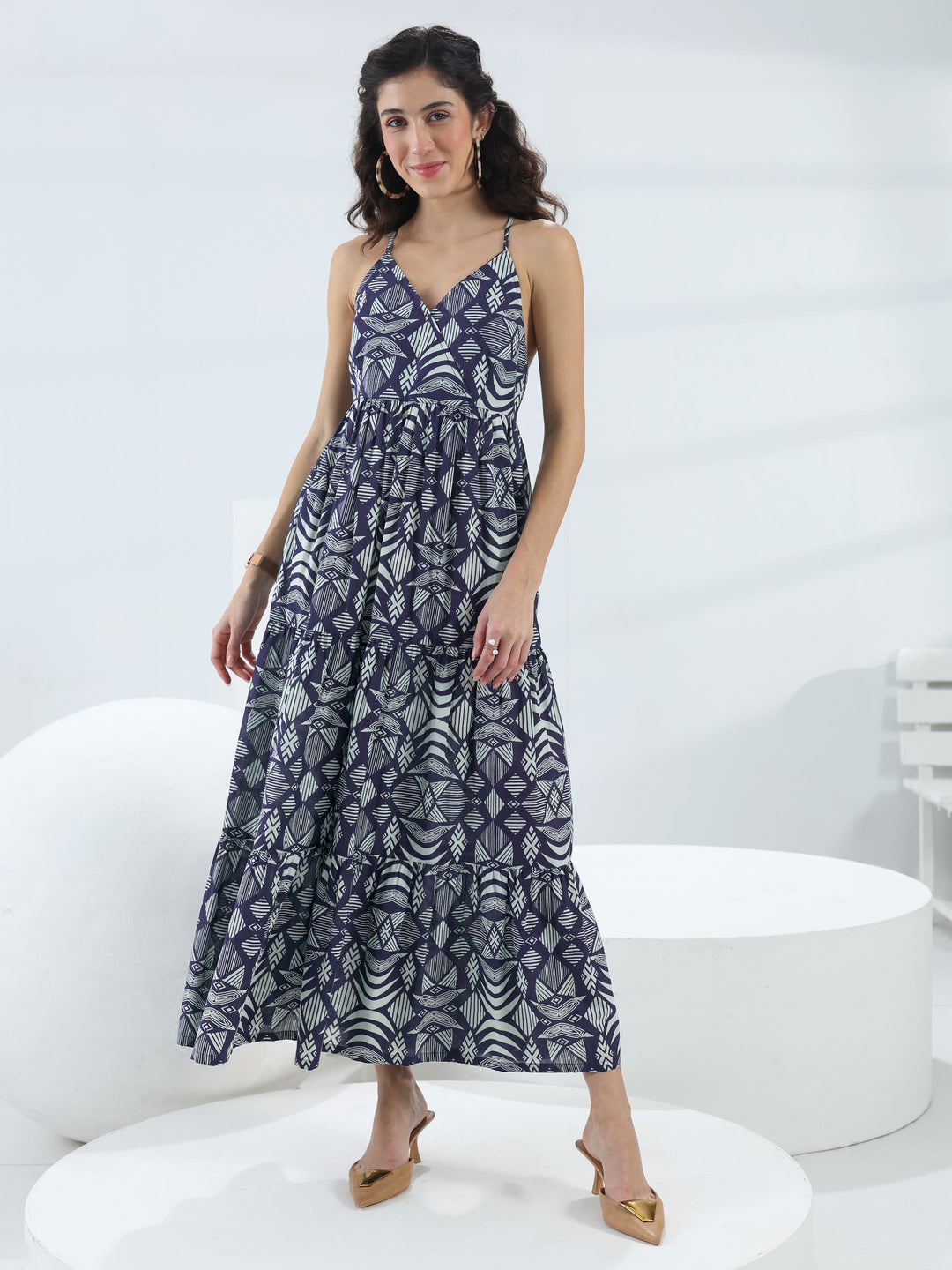 Blue Abstract Printed Cotton Fit-And-Flare One-Piece Tiered Dress 