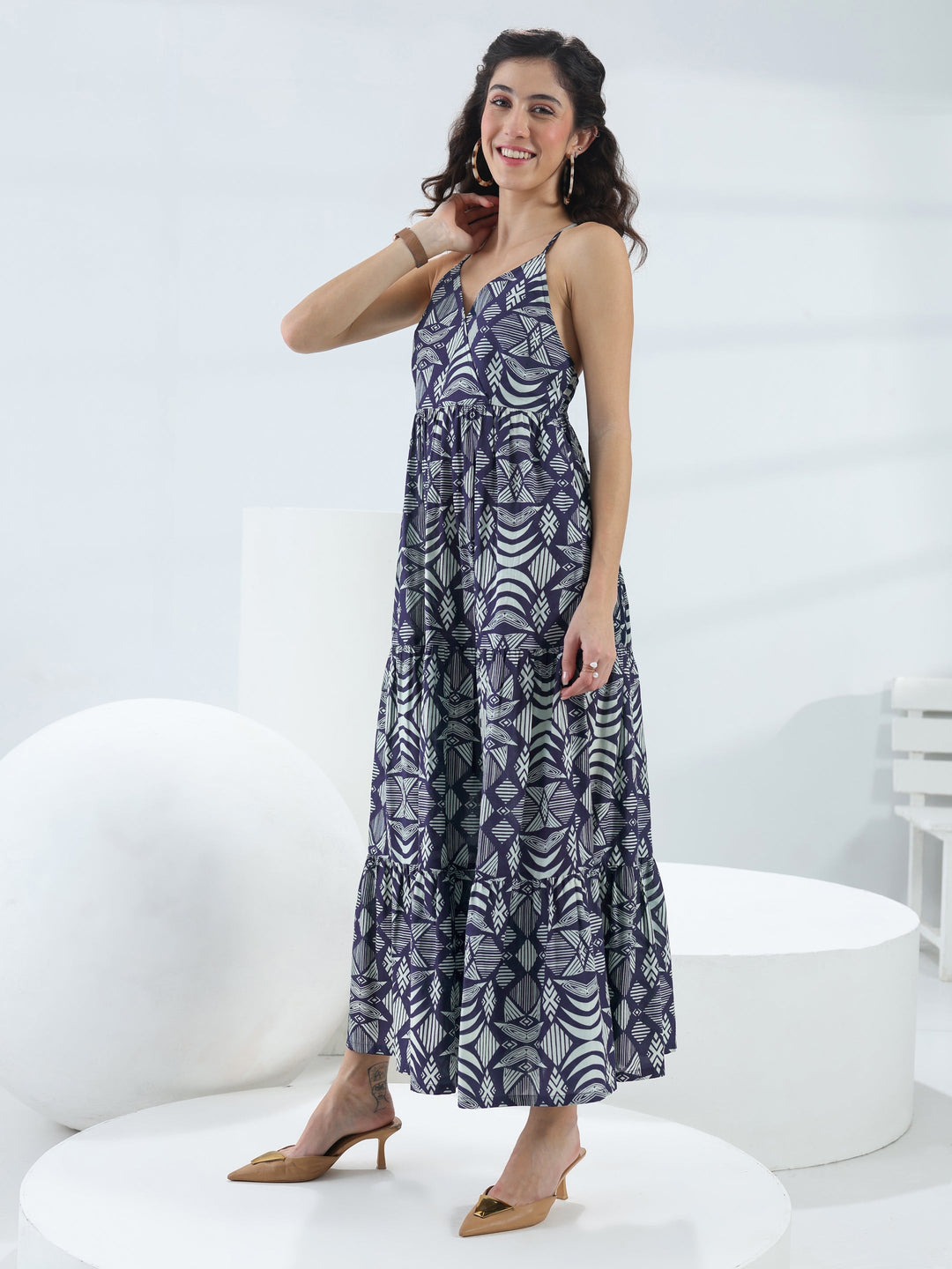  Blue Abstract Printed Cotton Fit-And-Flare One-Piece Tiered Dress 
