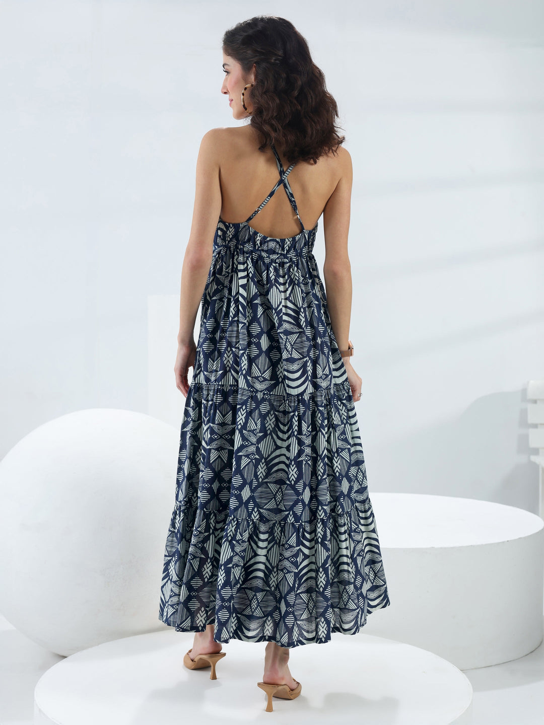  Blue Abstract Printed Cotton Fit-And-Flare One-Piece Tiered Dress 
