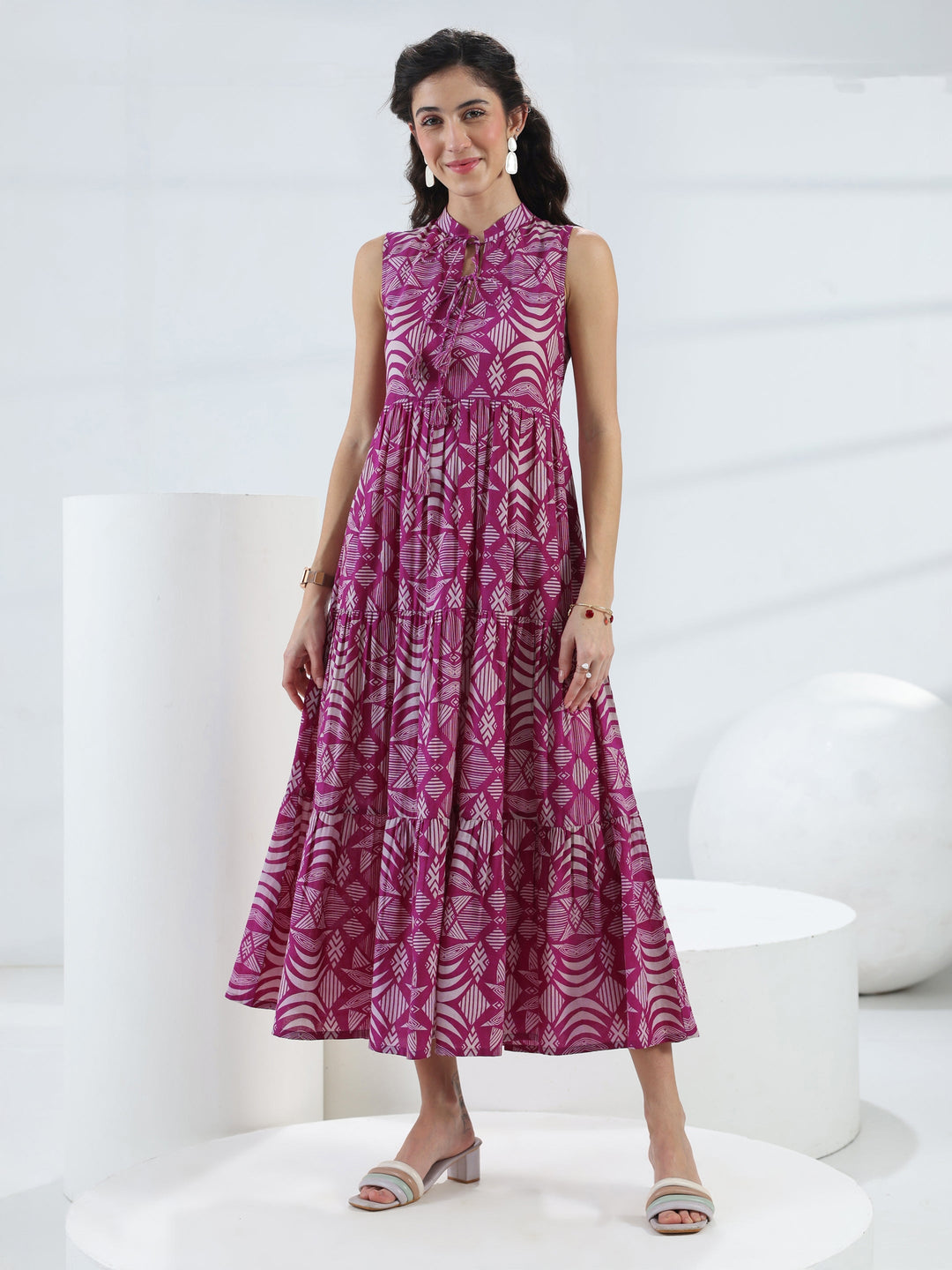  Pink Abstract Printed Cotton Fit-And-Flare One-Piece Tiered Dress 