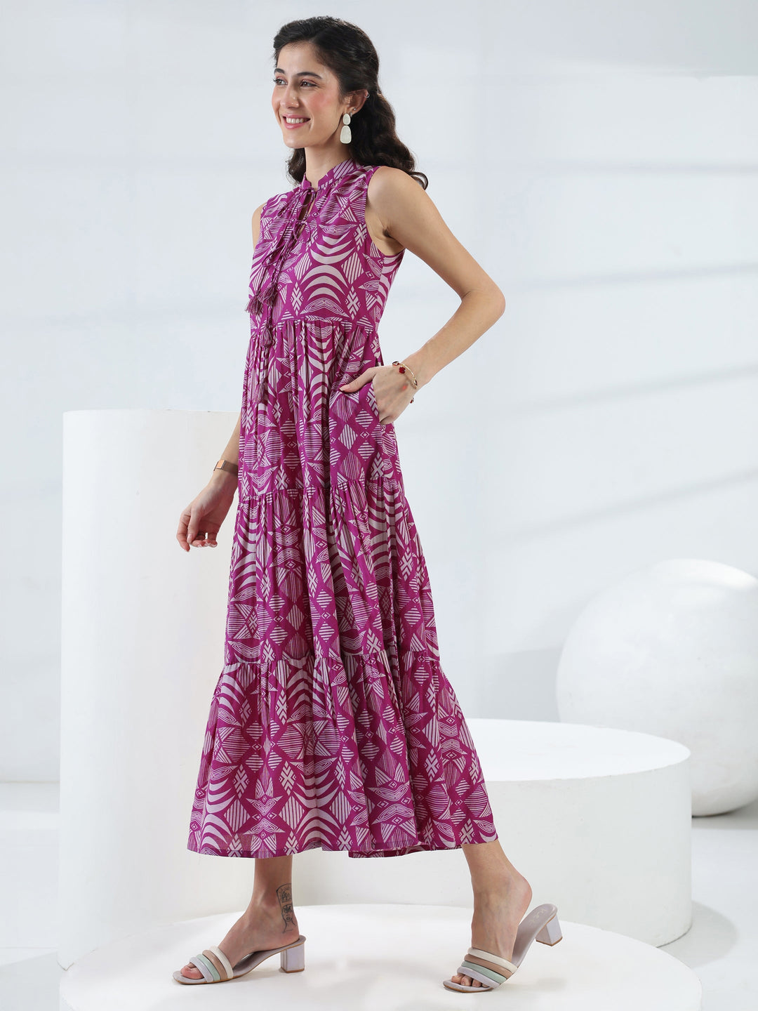  Pink Abstract Printed Cotton Fit-And-Flare One-Piece Tiered Dress 