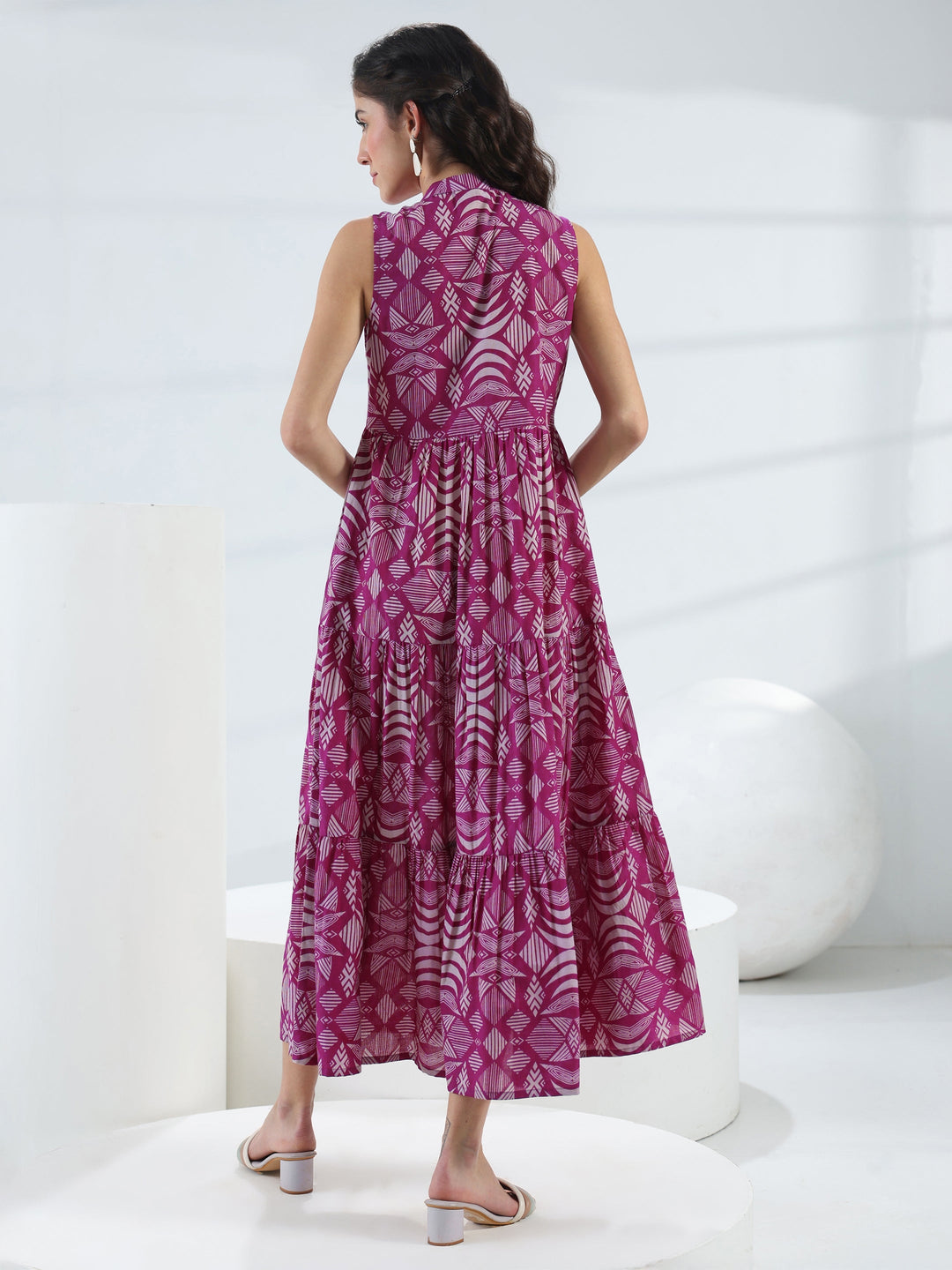  Pink Abstract Printed Cotton Fit-And-Flare One-Piece Tiered Dress 