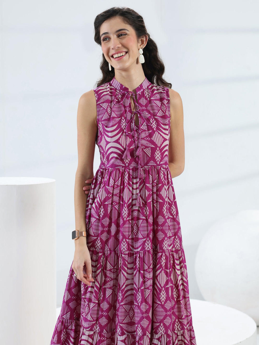  Pink Abstract Printed Cotton Fit-And-Flare One-Piece Tiered Dress 