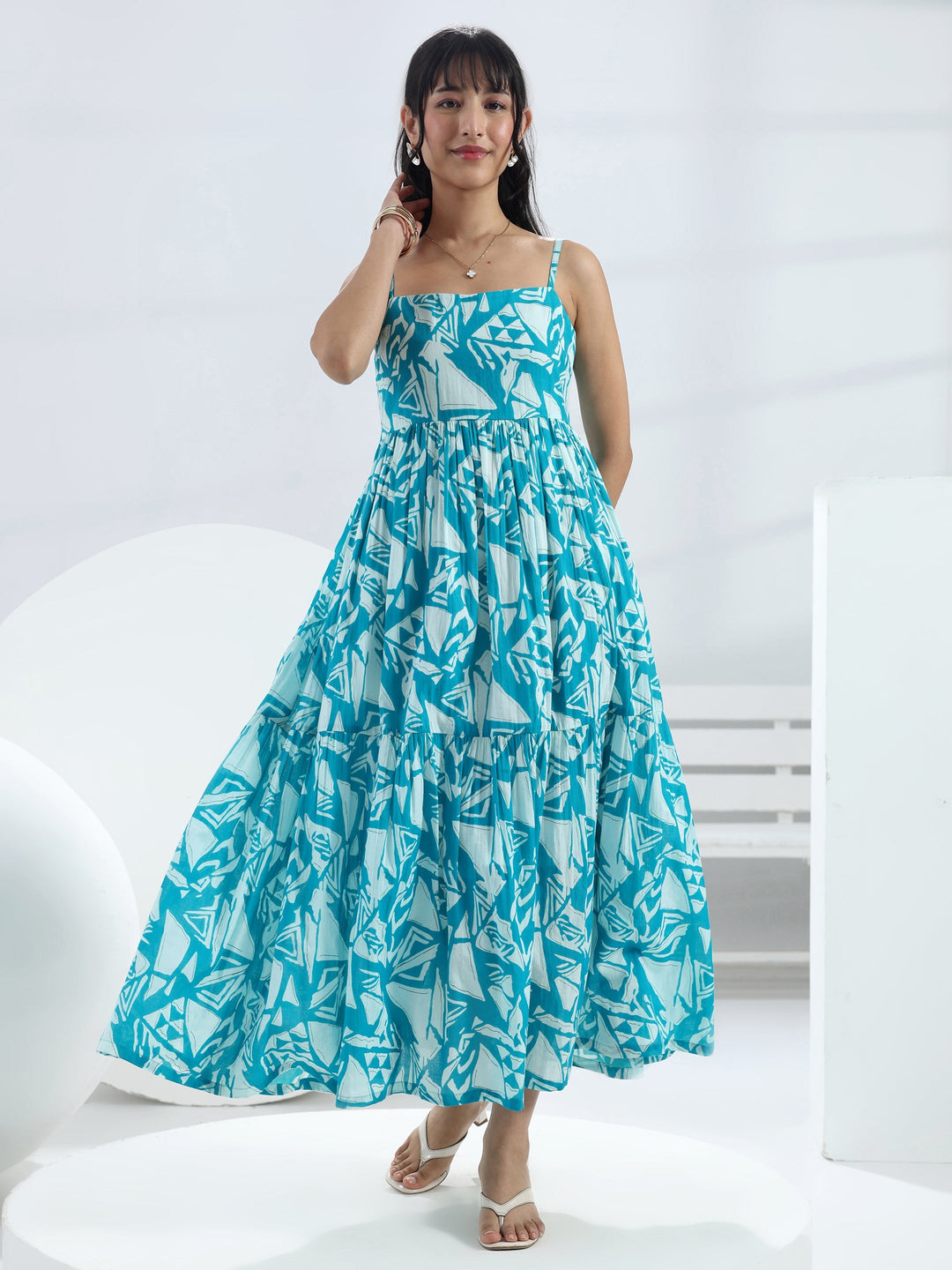  Blue Abstract Printed  Cotton One-Piece Dress 