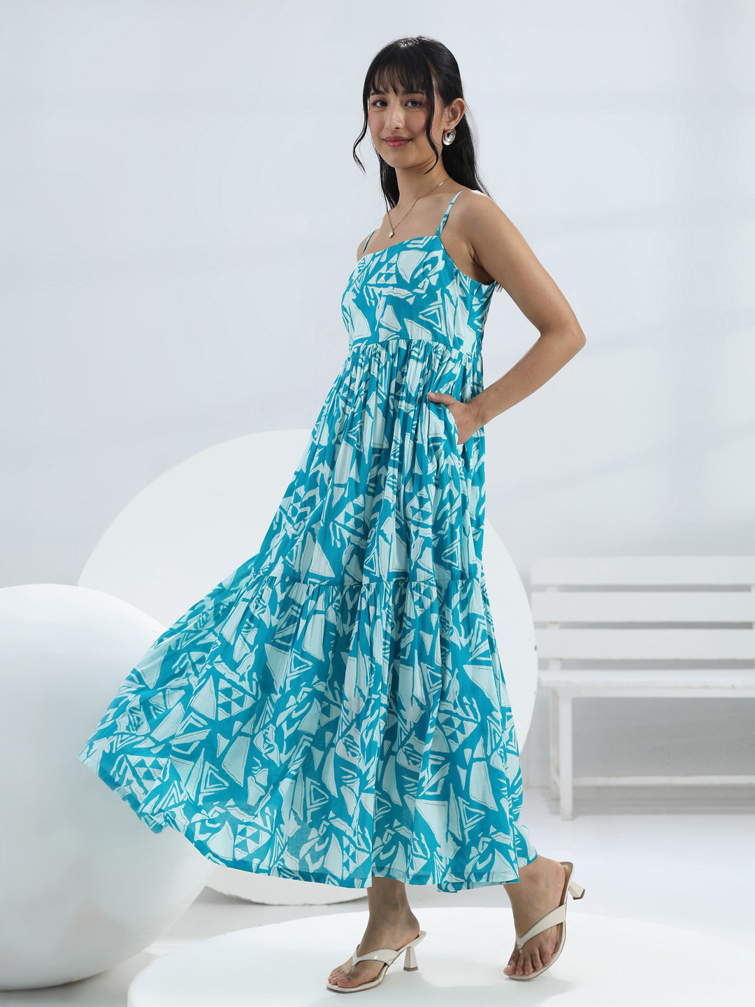  Blue Abstract Printed  Cotton One-Piece Dress 